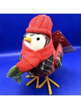 Merry Moments Christmas Fabric Tabletop Bird Red Plaid Knit Scarf Beanie 6" NWT